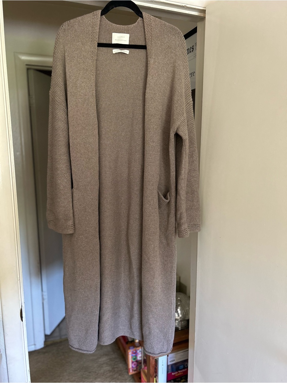 Lauren Manoogian Long Open-Front Taupe Knit Cardigan